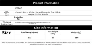 Detailed size chart for faux fur animal hood scarf with integrated gloves and hood