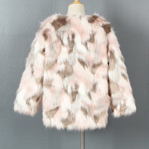Kids faux fur coat with pink, white and beige patchwork design for winter fashion