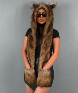 Close-up of faux fur hooded scarf with animal ears and integrated warm gloves in brown