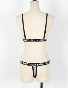 Detail of black lingerie set back view with SEXY BABY letter print elastic bands