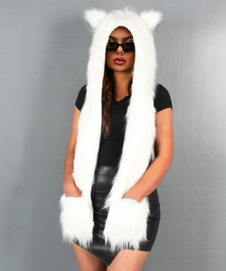 Close-up of white faux fur animal hood with ears and integrated scarf pockets