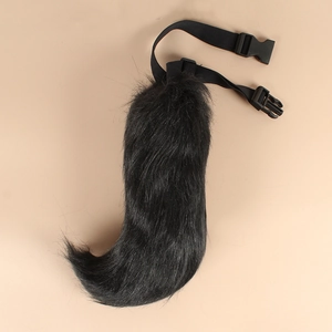 Adjustable black faux fox tail with plush long fur and buckle strap for cosplay costumes