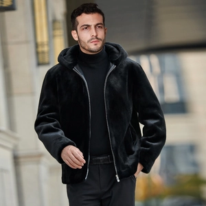 Men's premium black faux fur hooded jacket with zipper closure and urban style