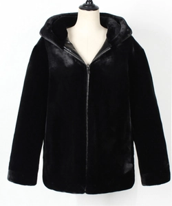 Detail of black faux fur hooded jacket showing zipper closure and leather trimming