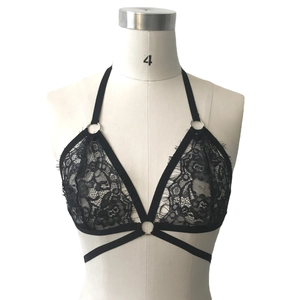 Sexy black lace halter bralette with triangle cups and metallic ring straps detail