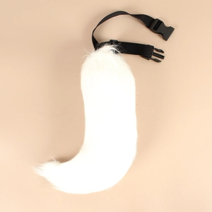 Detailed view of adjustable white faux fur fox tail cosplay prop with black buckle belt