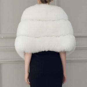 Detailed back view of white faux fur shawl with layered plush texture for bridal wear