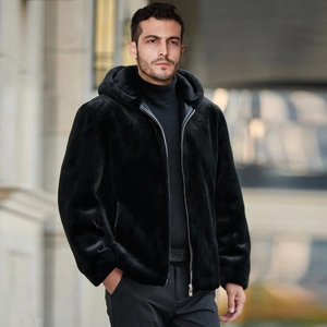 Men's premium black faux fur hooded jacket with luxury zip and soft plush texture