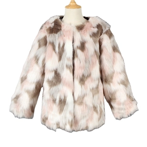 Toddler girls faux fur coat featuring a colorful patchwork design in pink and white
