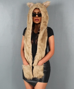 Close-up of khaki faux fur hooded scarf with 3-in-1 animal ears and glove pockets