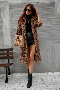 Detail of premium faux fur leopard coat featuring thick texture and square collar design