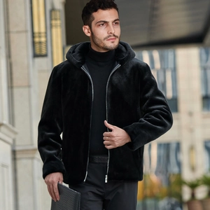 Men's luxury black faux fur hooded jacket with silver zipper in a modern urban street style