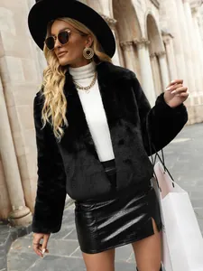 Chic close-up of premium black faux fur jacket texture and stylish lapel collar detail