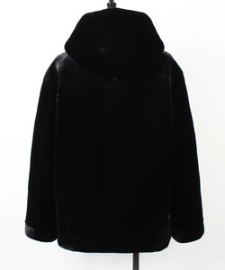 Back view of black faux fur hooded short jacket for women in soft plush texture
