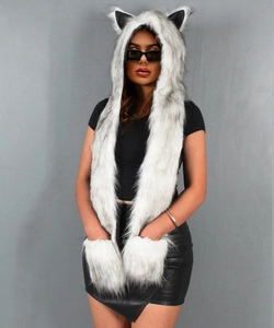 Three-in-one faux fur animal hood scarf with integrated gloves and cute ears in white