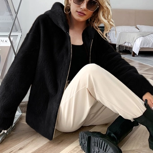 Women's Fashion Winter Hooded Faux Fur Jacket Solid Black Zipper Thick Warm Mid Length Coat Long Sleeve Casual Outerwear