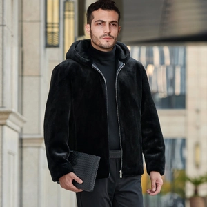 Men's premium black faux fur hooded jacket with zip closure for a stylish winter look