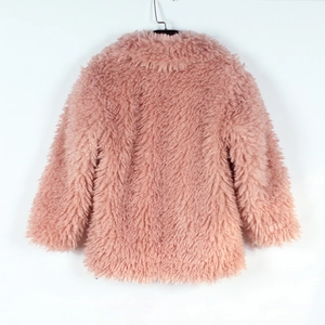 Back view of plush pink faux fur jacket for kids with long sleeves and soft texture