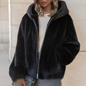 Women's black hooded faux fur jacket with full zipper and relaxed winter fashion style