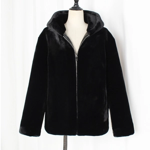 Detailed view of heavy black faux fur hooded jacket with full zipper and thick texture