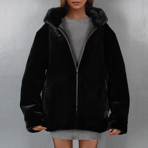 Women Fashion Faux Fur Hooded Jacket Autumn Winter Casual Loose Mid-length Plush Coat With Zipper Solid Black Warm Outerwear