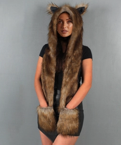 Close-up of the plush faux fur texture on the animal-style hood and scarf combo