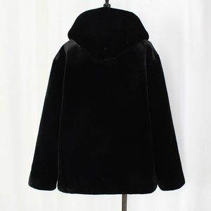 Rear view of thick black faux fur hooded jacket showcasing dense synthetic fiber texture