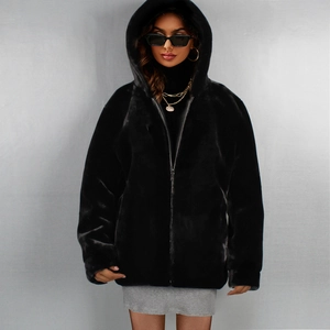 Women's black faux fur hooded jacket with zipper and plush warm texture