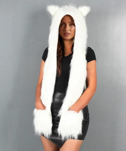 Detail view of the thick white faux fur 3-in-1 animal hood scarf with integrated gloves
