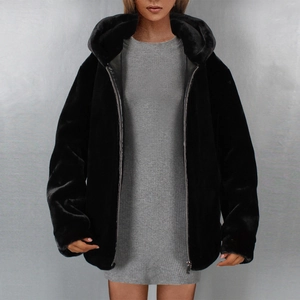Women's black faux fur hooded jacket with zipper closure and grey ribbed knit dress