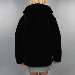 Women's black oversized hooded faux fur jacket with stylish back view design