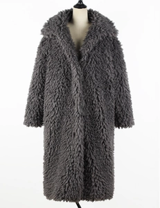 Detail view of deep grey faux fur long coat showing soft texture and lapel design
