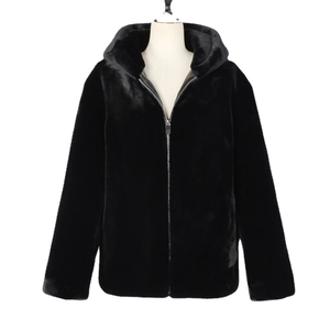 Men's winter faux fur hooded jacket in black with front zipper closure and thick texture