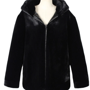 Women's chic black faux fur hooded jacket with front zipper and sleek lining