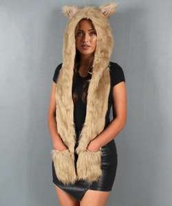 Close-up of brown faux fur hooded scarf with animal ears and cozy hand pockets