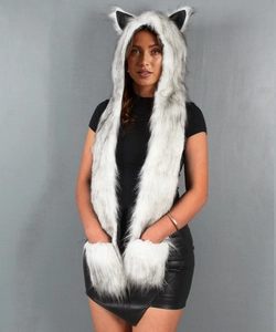 Detailed texture of grey faux fur animal hood scarf with integrated pocket gloves