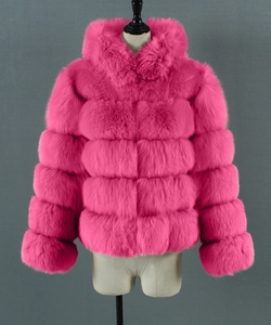 Detail view of rose pink faux fur jacket featuring thick horizontal striped texture and hood