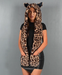 Detail of leopard print faux fur hooded scarf with cat ears and integrated mittens