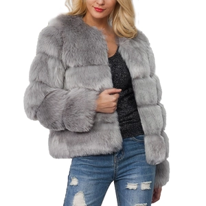 Detail of light gray faux fur jacket with layered panel design and round neckline