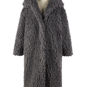 Women's dark grey long faux fur coat with hood and textured plush finish