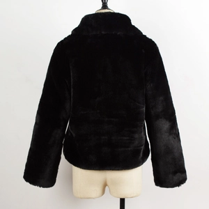Rear view of black faux fur jacket featuring a thick plush texture and high collar design