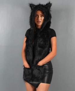 Detailed close-up of faux fur hooded scarf with animal ears and integrated hand pockets