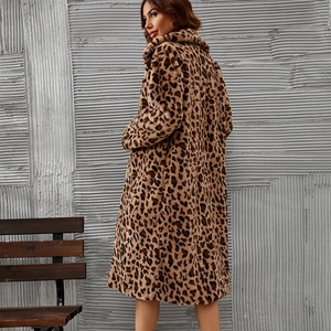 Detailed back view showing texture of women's leopard print faux fur coat with collar