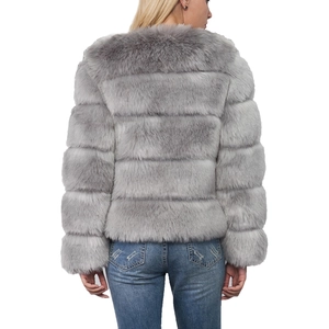 Detail view of light grey faux fur jacket with horizontal stripes from the back