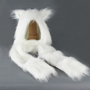 Close-up of a white faux fur hooded scarf with plush animal ears and soft texture