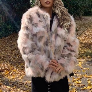Faux fox fur short jacket for women with pink and beige multi-color fluffy texture