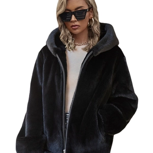 Women's black faux fur hooded jacket with front zipper and plush oversized pockets