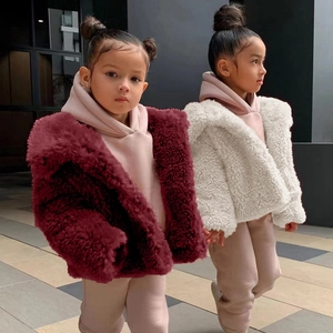 Kids' cozy faux fur teddy jackets in burgundy and beige for autumn and winter outdoor wear