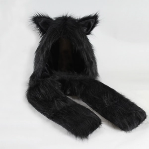 Detail of black faux fur animal hat with plush pointed ears and integrated long scarf