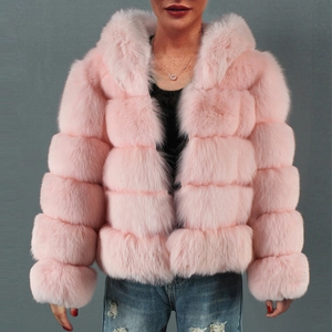 Women's pink faux fur short hooded coat with horizontal tiered panels for winter fashion
